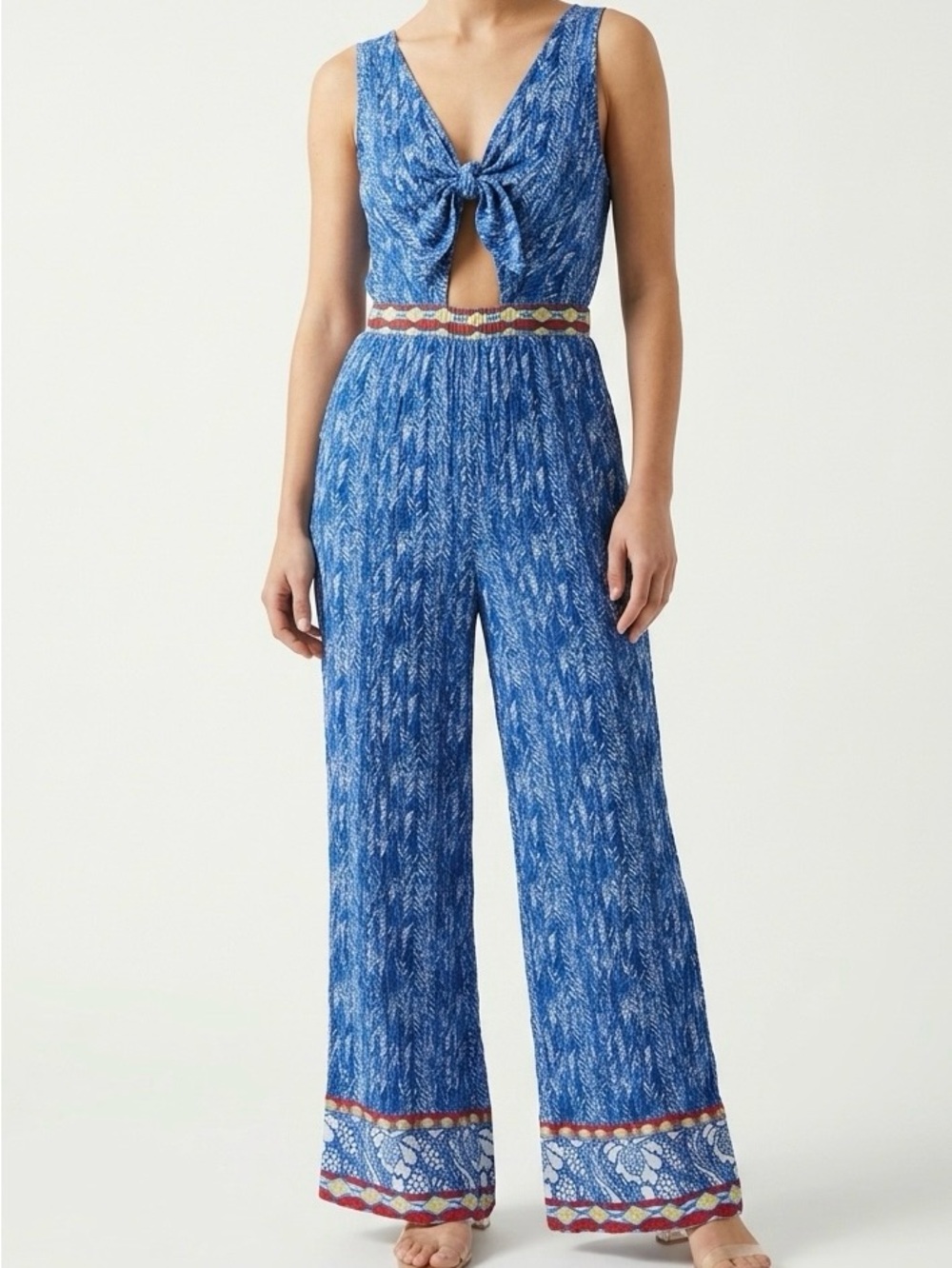 LOFT Beach Border Tie Cutout Jumpsuit Size S 100% Rayon Blue Patterned Resort